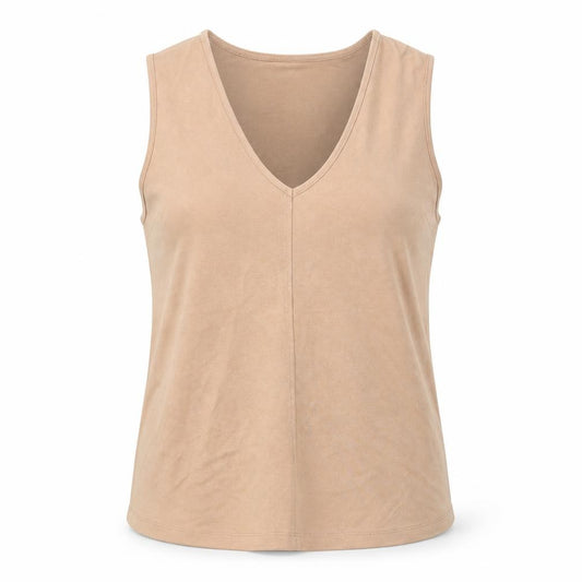 Front view of ASOS women’s beige viscose basic tank, size UK 10, v-neck