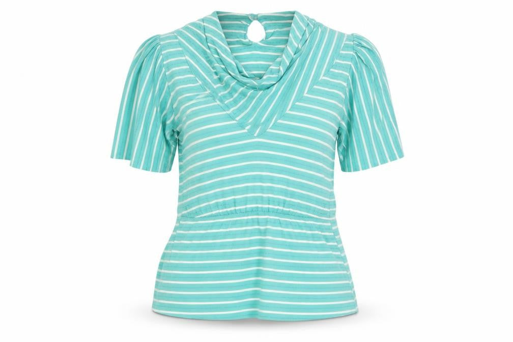 Front view of Ego women’s green striped viscose basic blouse, size UK 10, cowl neck