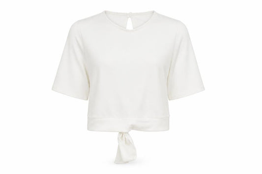 Front view of PRETTYLITTLETHING women’s white polyester cropped blouse, size UK 12, round neck - open back