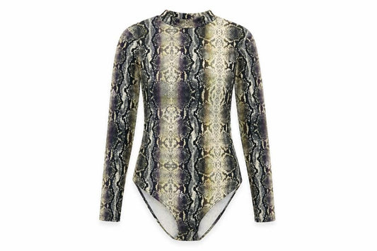 Front view of Quiz women’s multicoloured animal print polyester bodysuit one-piece, size UK 10, snap - snakeskin
