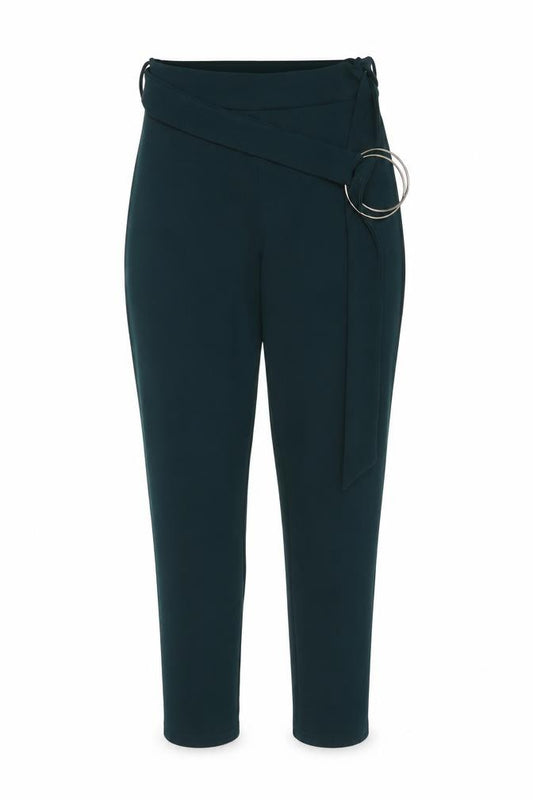 Front view of PRETTYLITTLETHING women’s green polyester trousers, size UK 8, 27-inch leg regular buckle