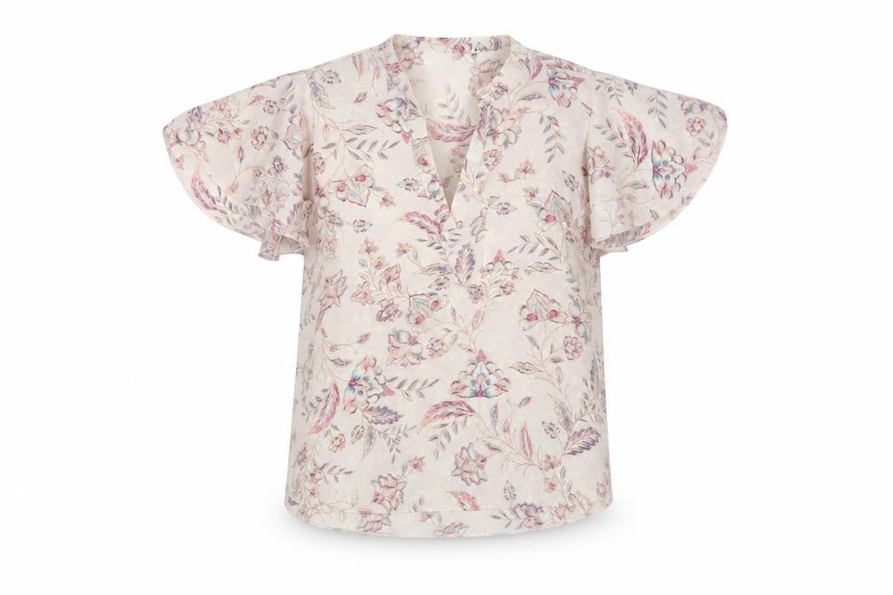 Front view of Preworn women’s pink floral polyester basic blouse, size M, v-neck