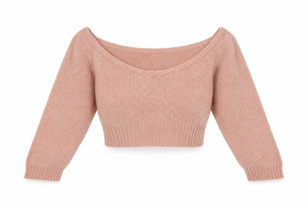 Front view of PRETTYLITTLETHING women’s pink boat neck acrylic jumper, size S, - cropped