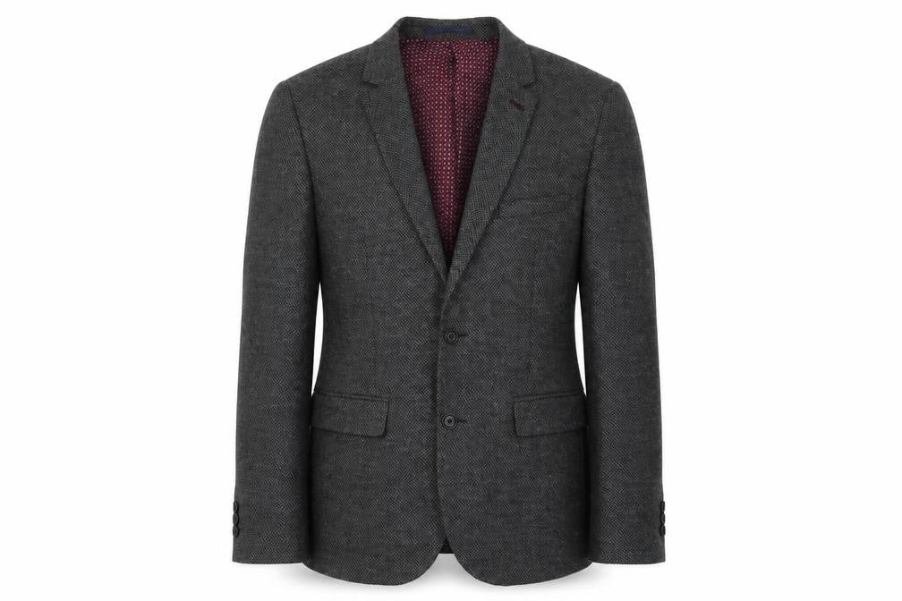 Front view of Burton men’s grey wool jacket suit jacket, size 40