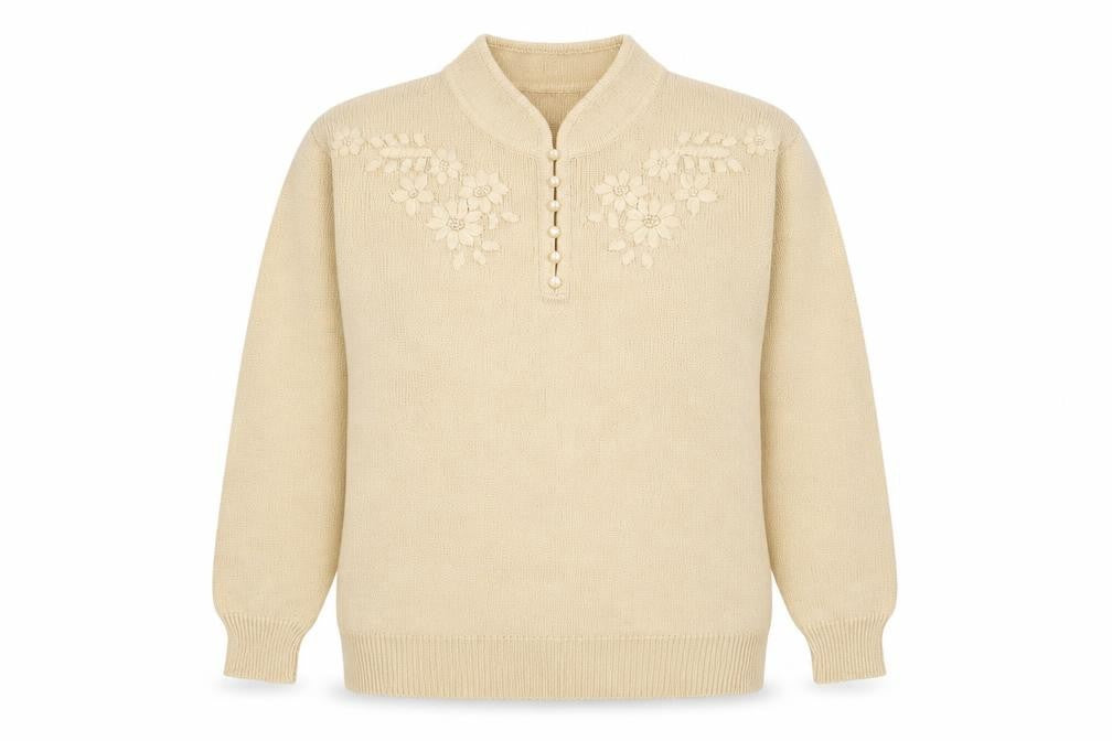 Front view of Classics women’s gold high neck acrylic jumper, size UK 10