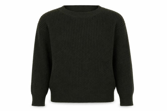 Front view of Boohoo women’s green crew neck acrylic jumper, size UK 6