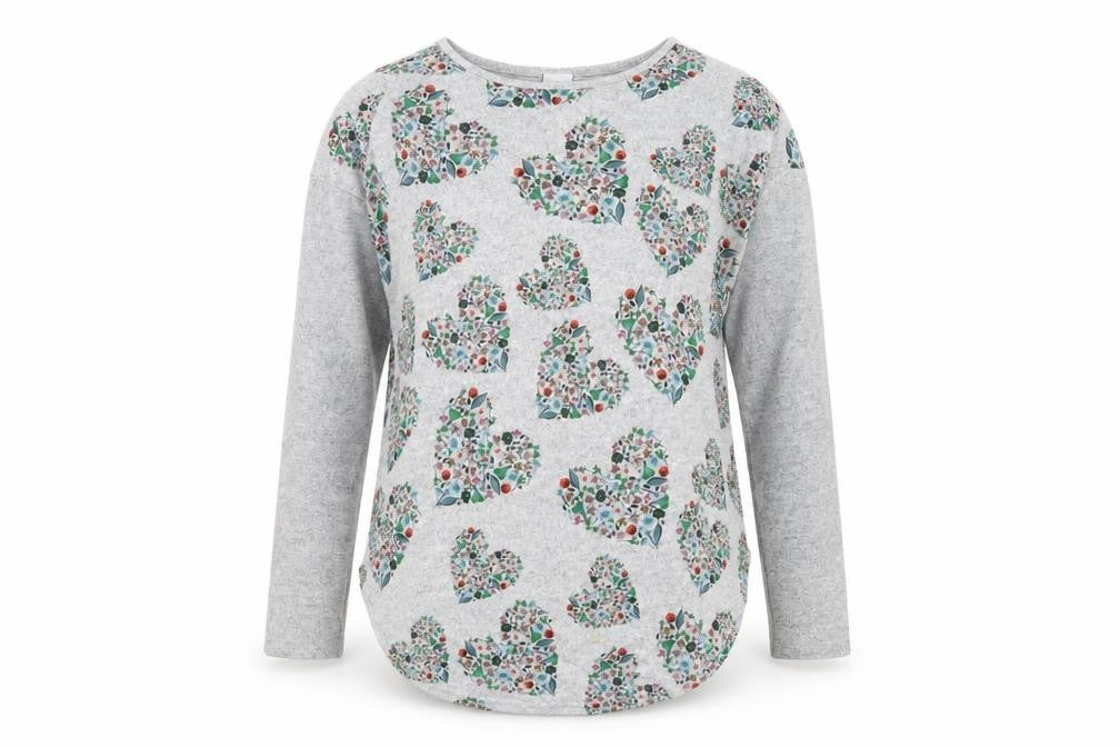 Front view of Stock Shop women’s grey scoop neck geometric polyester jumper, size M, - hearts