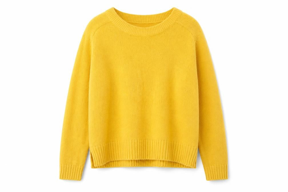 Front view of H&M women’s yellow round neck acrylic henley jumper, size M