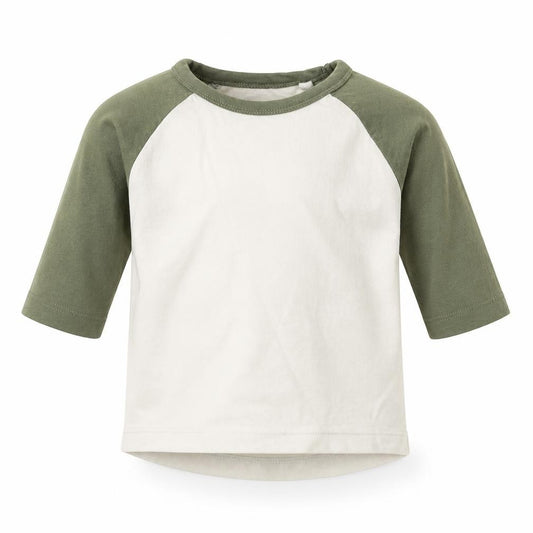 Front view of Next boys’ ivory colourblock cotton basic t-shirt, size 6-9, months round neck