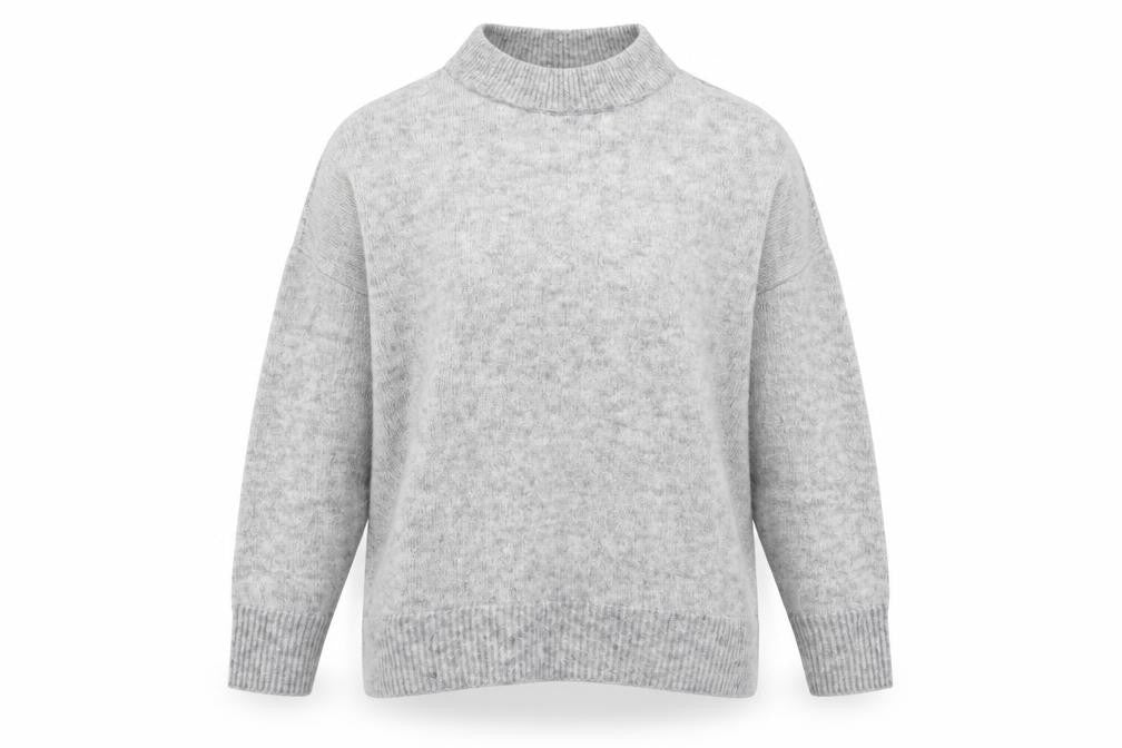 Front view of H&M women’s grey crew neck polyamide jumper, size M