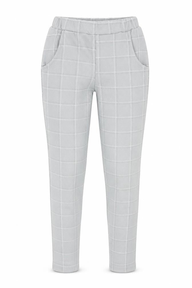 Front view of PRETTYLITTLETHING women’s grey check polyester jegging leggings, size UK 4, 27-inch leg