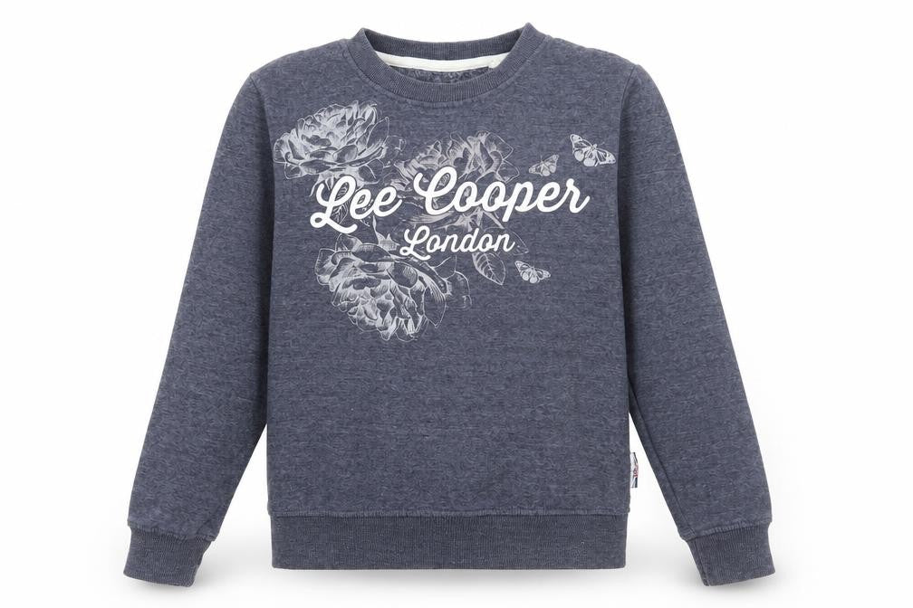 Front view of Lee Cooper women’s blue cotton pullover sweatshirt, size S, pullover