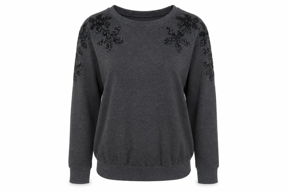 Front view of H&M women’s grey cotton pullover sweatshirt, size S, pullover