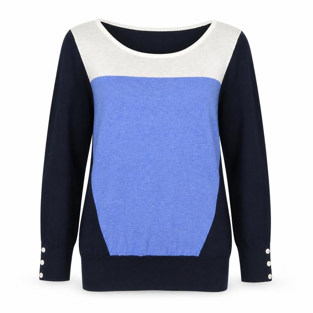 Front view of Next women’s blue boat neck cotton jumper, size UK 8, - colourblock