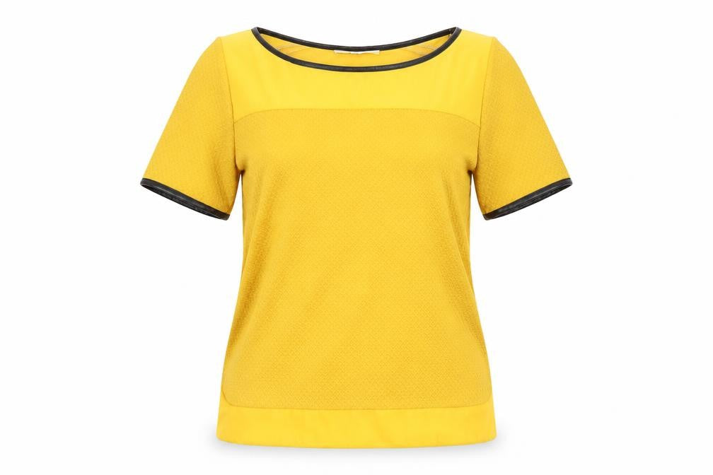 Front view of Oasis women’s yellow polyester basic t-shirt, size XS, round neck - leather effect trim