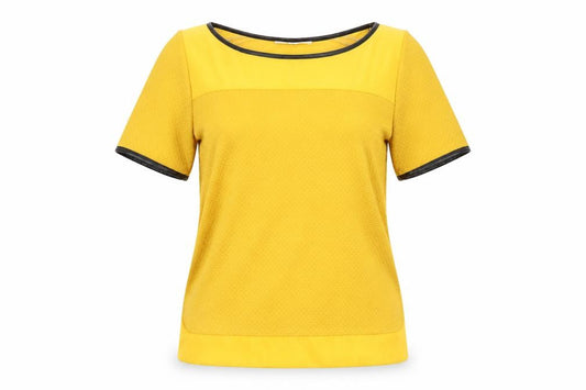 Front view of Oasis women’s yellow polyester basic t-shirt, size XS, round neck - leather effect trim
