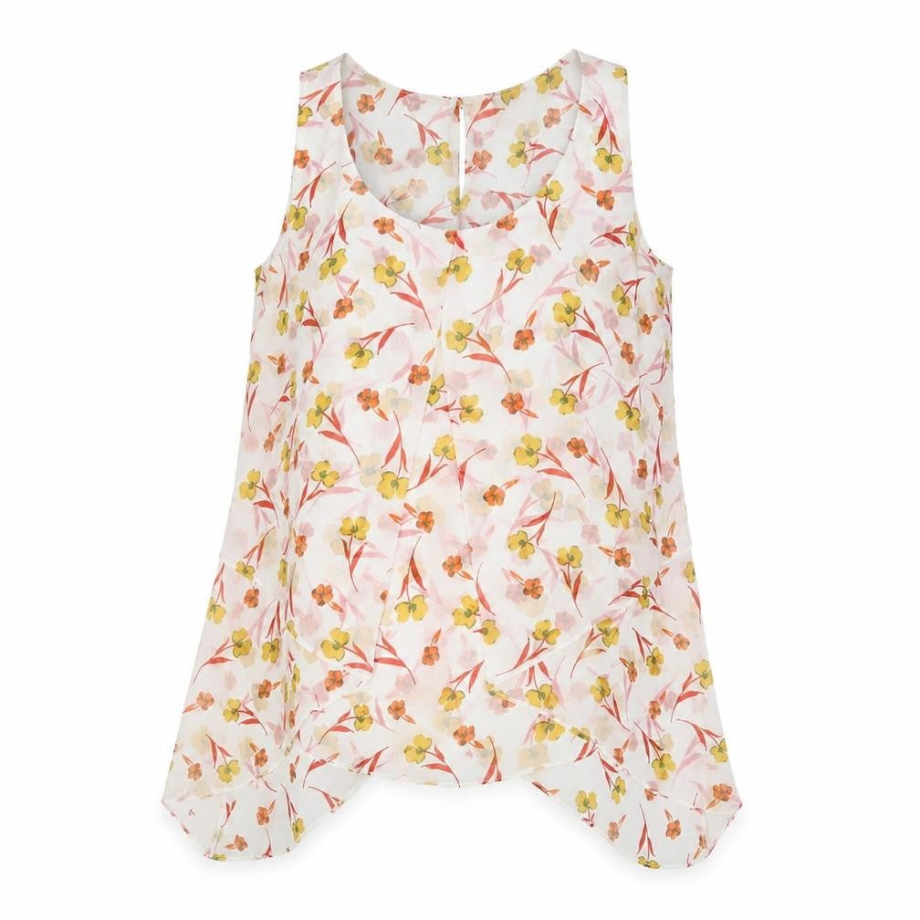 Front view of Roman women’s ivory floral polyester basic blouse, size UK 12, scoop neck - hanky hem