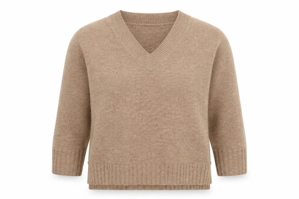 Front view of Primark women’s brown v-neck acrylic jumper, size XS