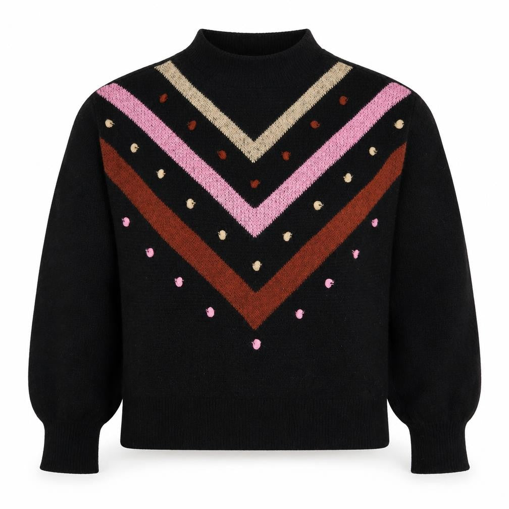 Front view of Papaya women’s black mock neck geometric acrylic jumper, size S