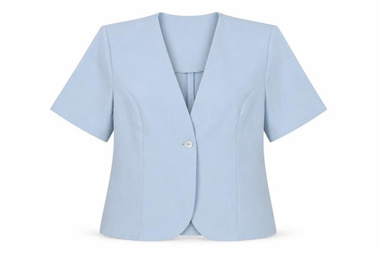Front view of Deanes women’s blue jacket blazer, size UK 14, button