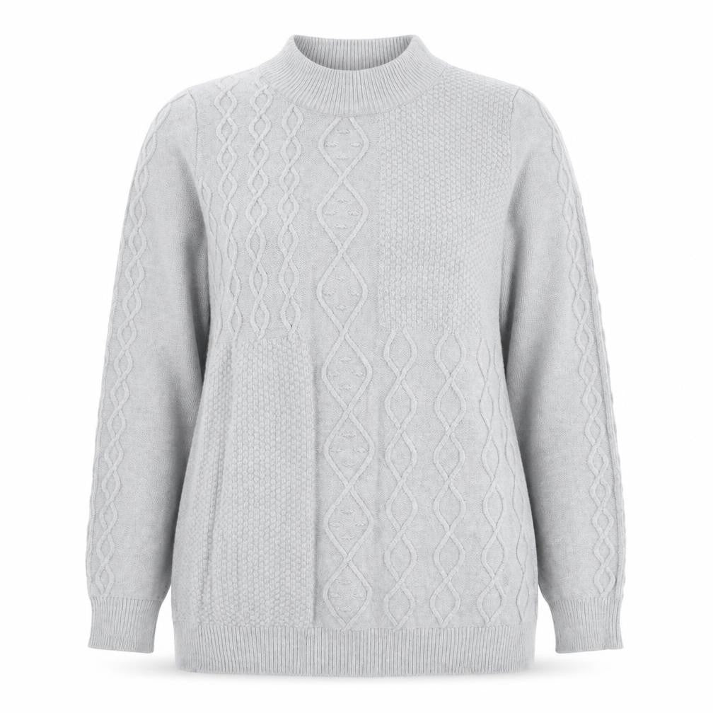 Front view of Bonmarché women’s grey mock neck viscose jumper, size UK 14