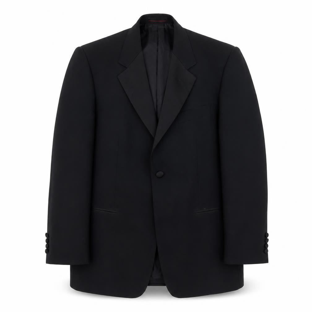 Front view of 1860 Menswear men’s black polyester jacket suit jacket, size M