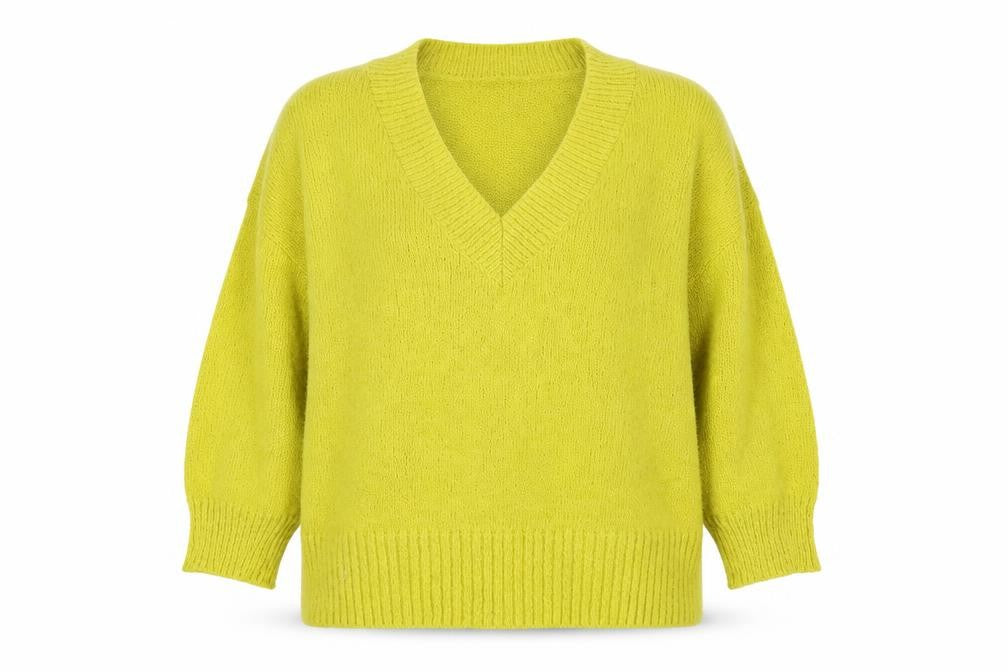 Front view of Tu women’s yellow v-neck polyester jumper, size UK 10