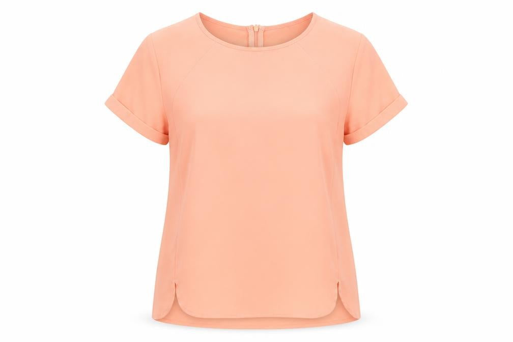 Front view of Poppy Lux women’s pink polyester basic t-shirt, size UK 12, crew neck