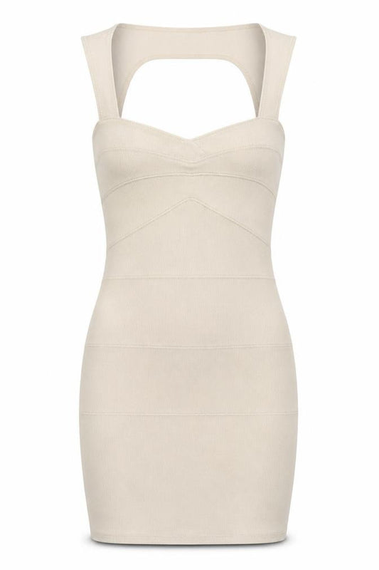 Front view of Aislinn women’s beige polyester bodycon, size UK 10, halter pullover