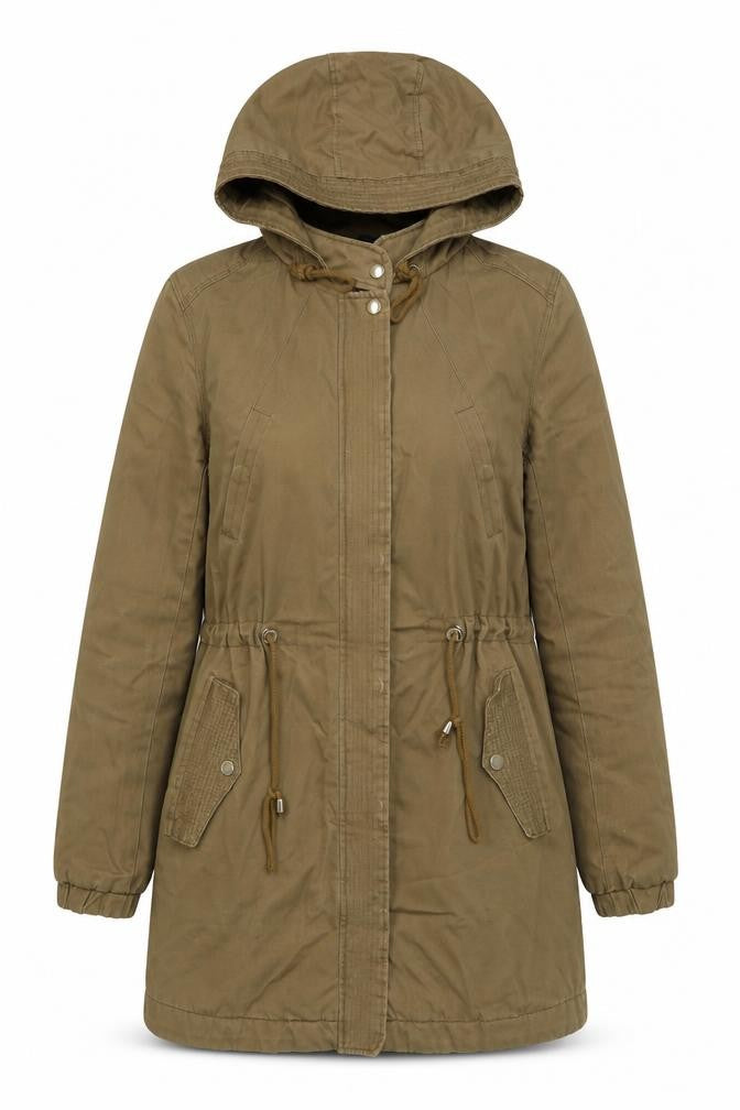 Front view of H&M women’s brown parka coat, size UK 8, zip