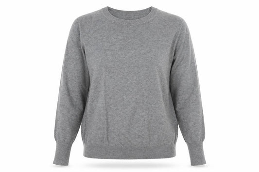 Front view of Primark women’s grey crew neck polyester jumper, size UK 12
