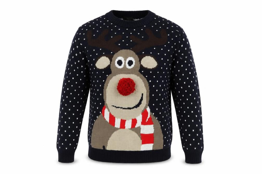 Malaika Mens Blue Crew Neck Acrylic Pullover Jumper Size M - Christmas Reindeer