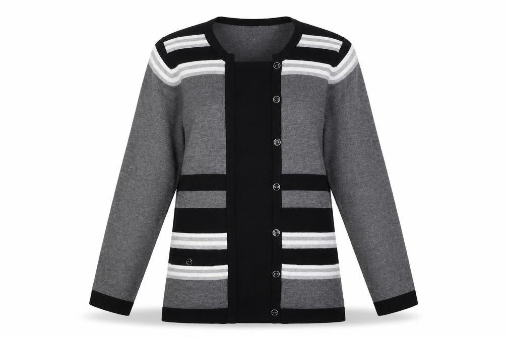 Front view of Dixie women’s grey round neck striped viscose jumper, size S