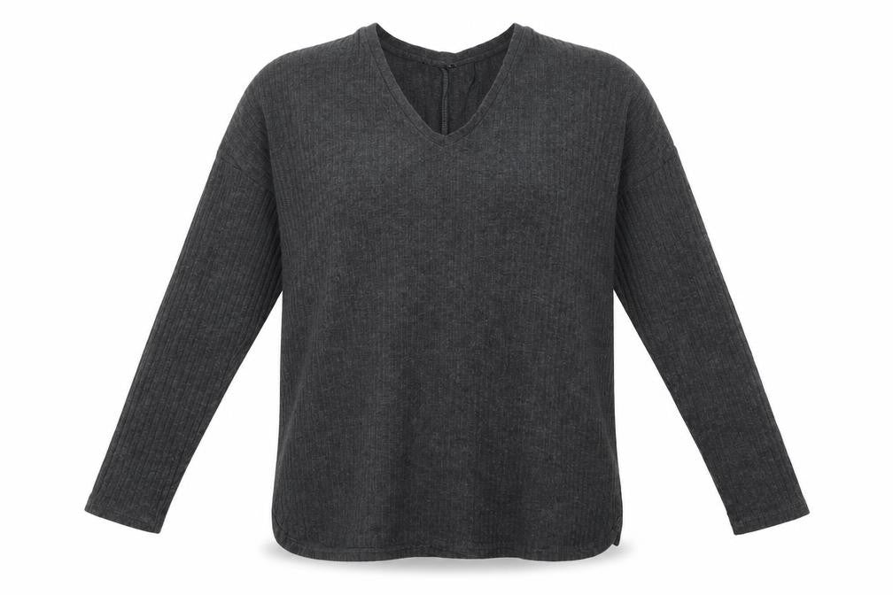 Front view of New Look women’s grey v-neck polyester jumper, size UK 12, - ribbed