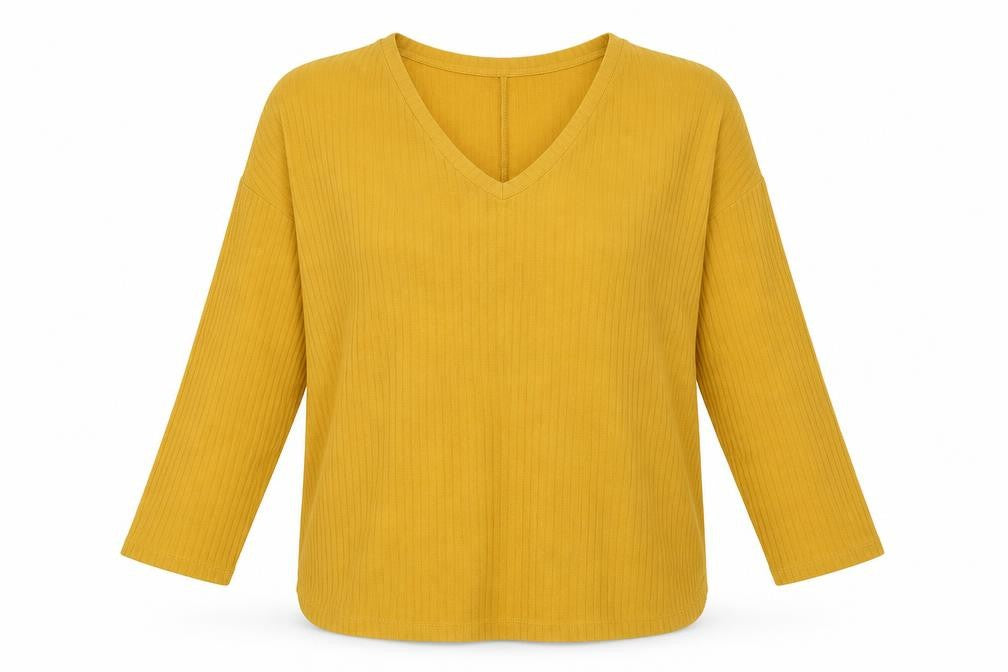 Front view of New Look women’s yellow v-neck polyester jumper, size UK 10