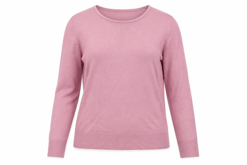 Front view of Debenhams women’s pink round neck acrylic jumper, size UK 14