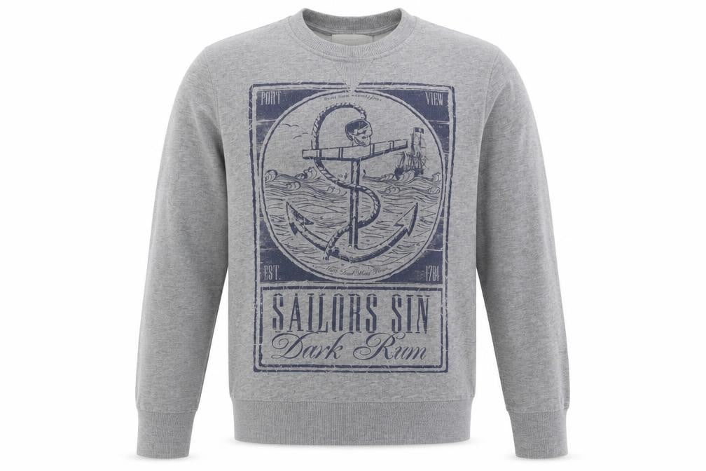 Front view of River Island men’s grey cotton pullover sweatshirt, size S, - sailors sin
