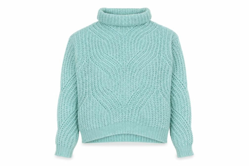 Front view of Select women’s blue roll neck acrylic jumper, size UK 12