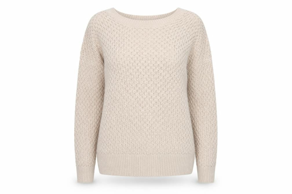 Front view of Next women’s beige round neck acrylic jumper, size M