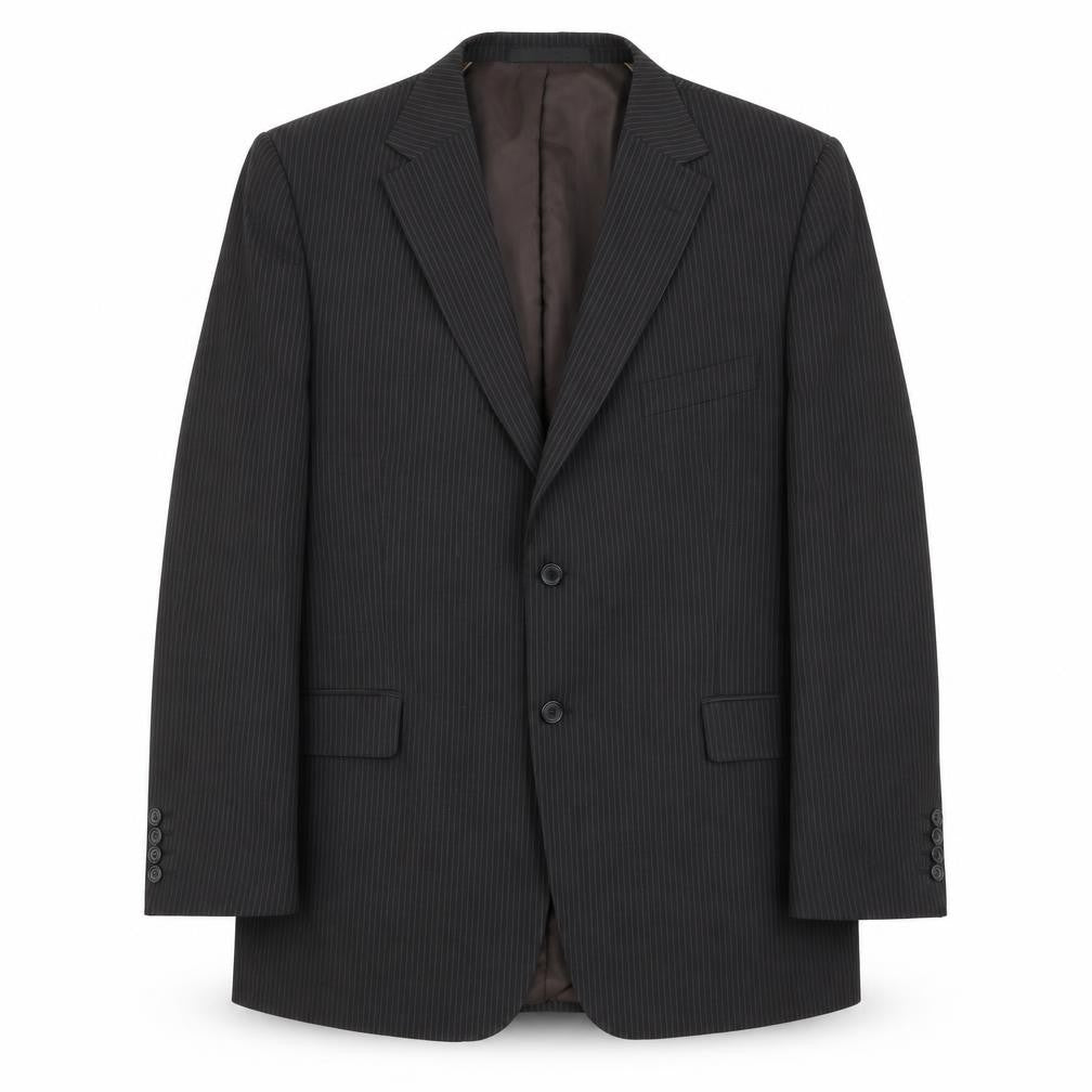 Front view of Marks & Spencer men’s brown striped polyester jacket suit jacket, size 46, - washable suit