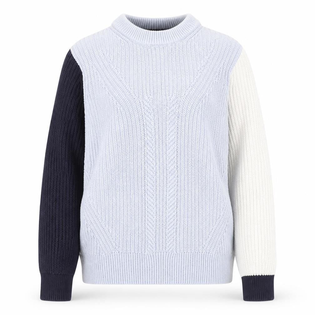 Front view of Marks & Spencer women’s blue round neck cotton jumper, size S