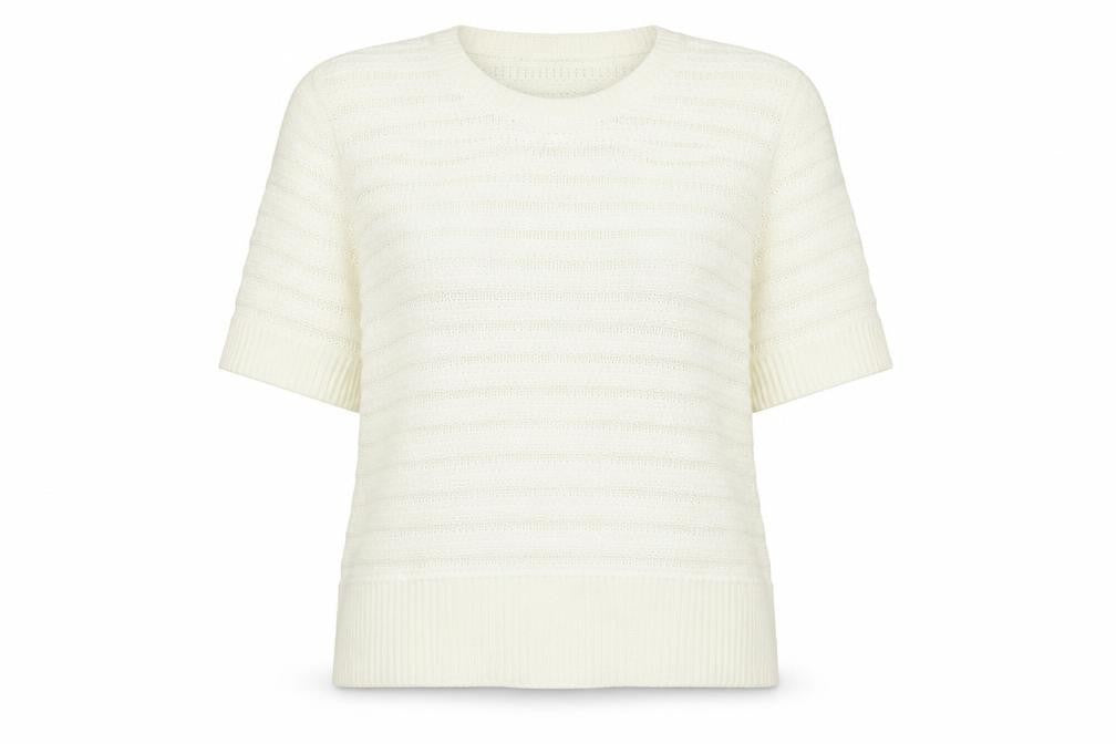 Front view of Marks & Spencer women’s white crew neck polyester jumper, size UK 22