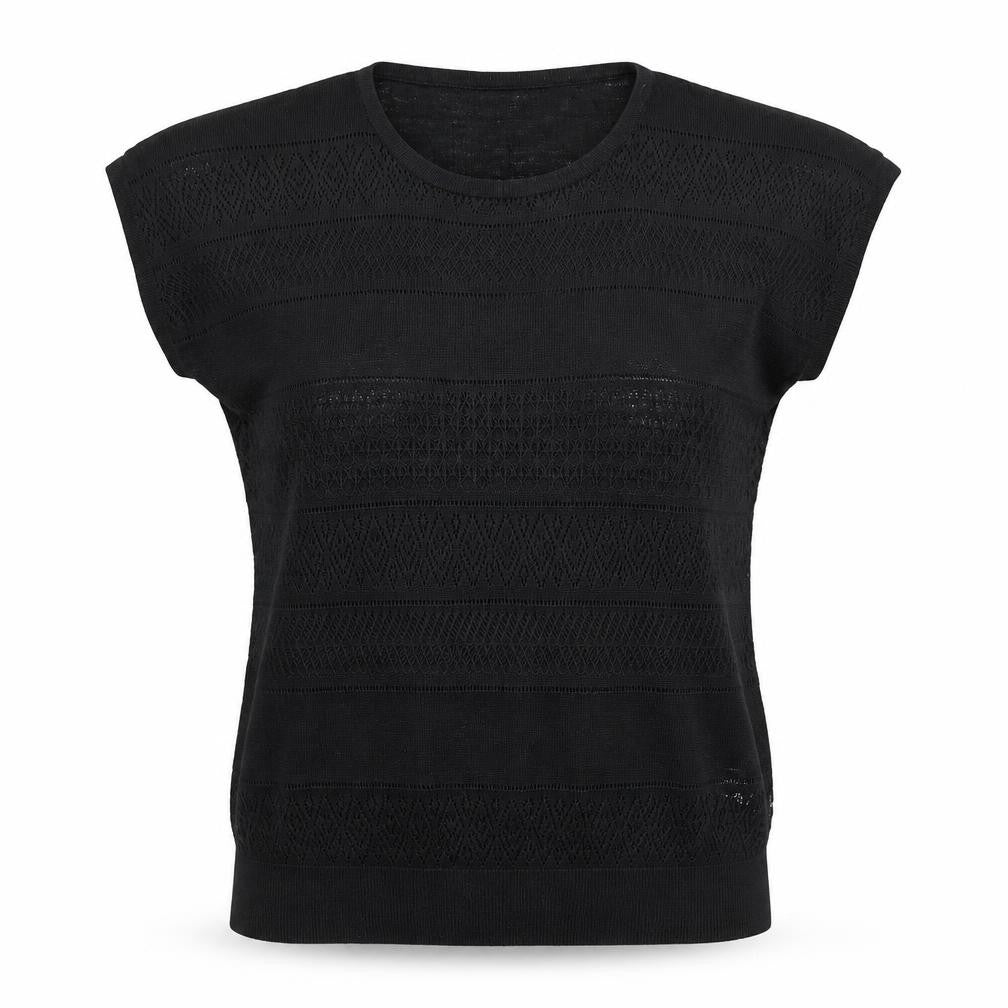 Front view of Warehouse women’s black acrylic basic t-shirt, size UK 10, round neck