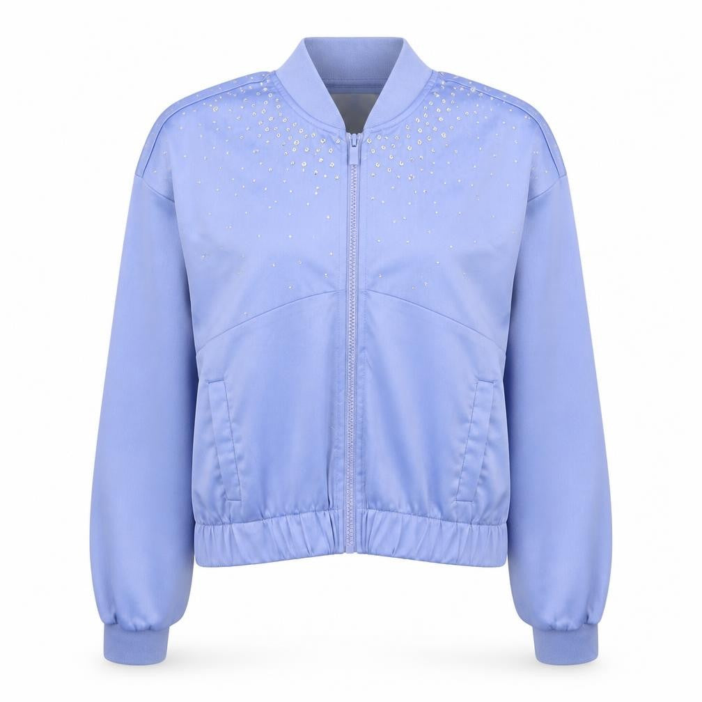 Front view of VILA women’s purple polyester full zip sweatshirt, size UK 8, zip