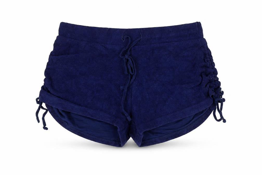 Front view of ASOS women’s blue viscose hot pants shorts, size UK 6, 4-inch leg regular drawstring