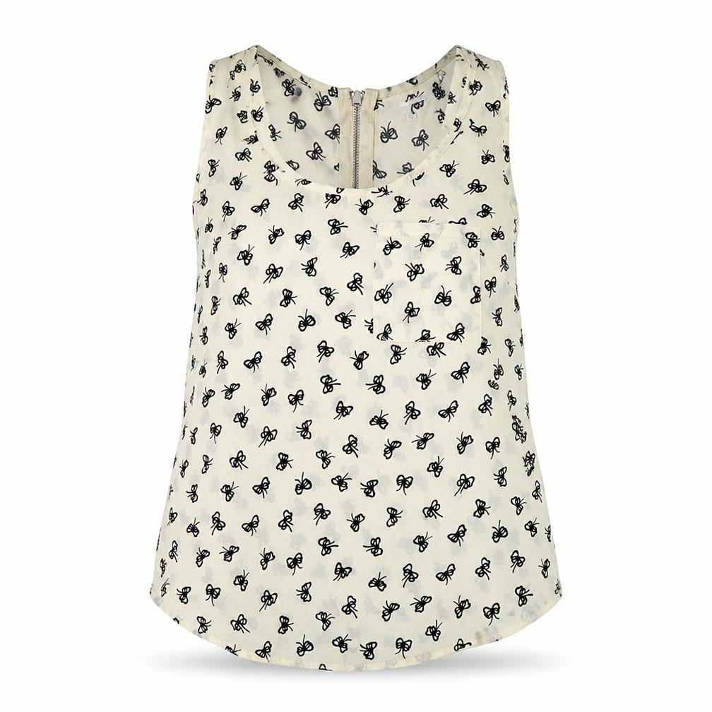 Front view of Glamorous women’s ivory geometric polyester basic tank, size UK 8, scoop neck - bow print