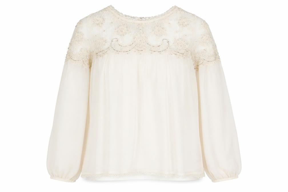 Front view of New Look women’s ivory polyester basic blouse, size UK 8, round neck - lace detaliing