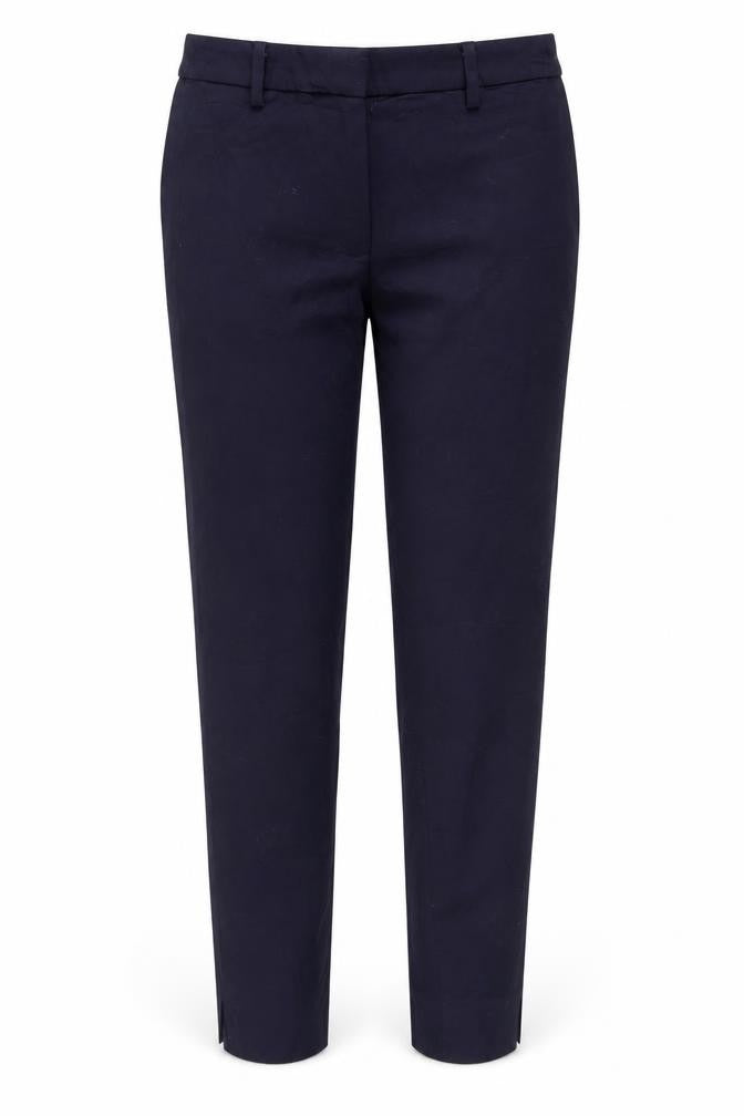 Front view of H&M women’s blue cotton trousers, size UK 4, 27-inch leg regular zip
