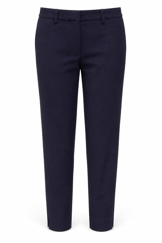 Front view of H&M women’s blue cotton trousers, size UK 4, 27-inch leg regular zip