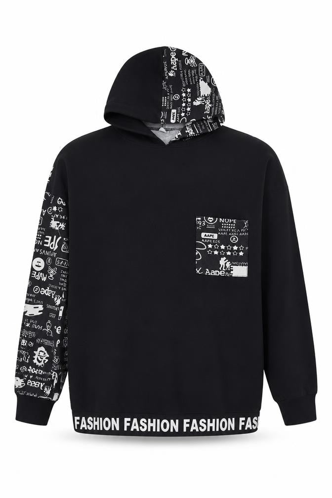 Front view of Fashion boys’ black geometric polyester pullover hoodie, size 9-10, years pullover - slogan